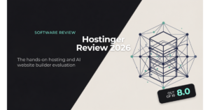 Hostinger Review 2026 premium cover graphic showing an 8.0 out of 10 verdict badge