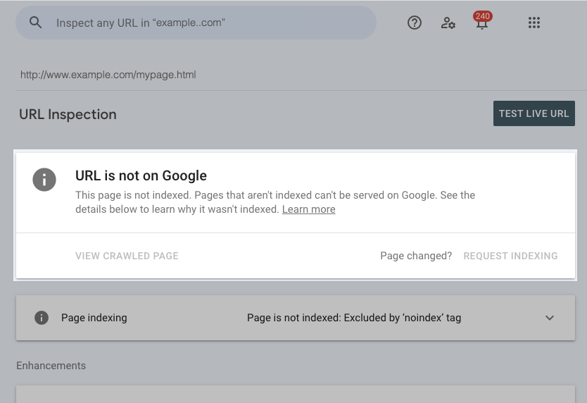 Google Search Console URL Inspection tool showing overall page status card, from Google's official documentation