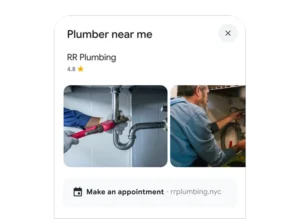 Google Business Profile search result for plumber near me, official Google screenshot