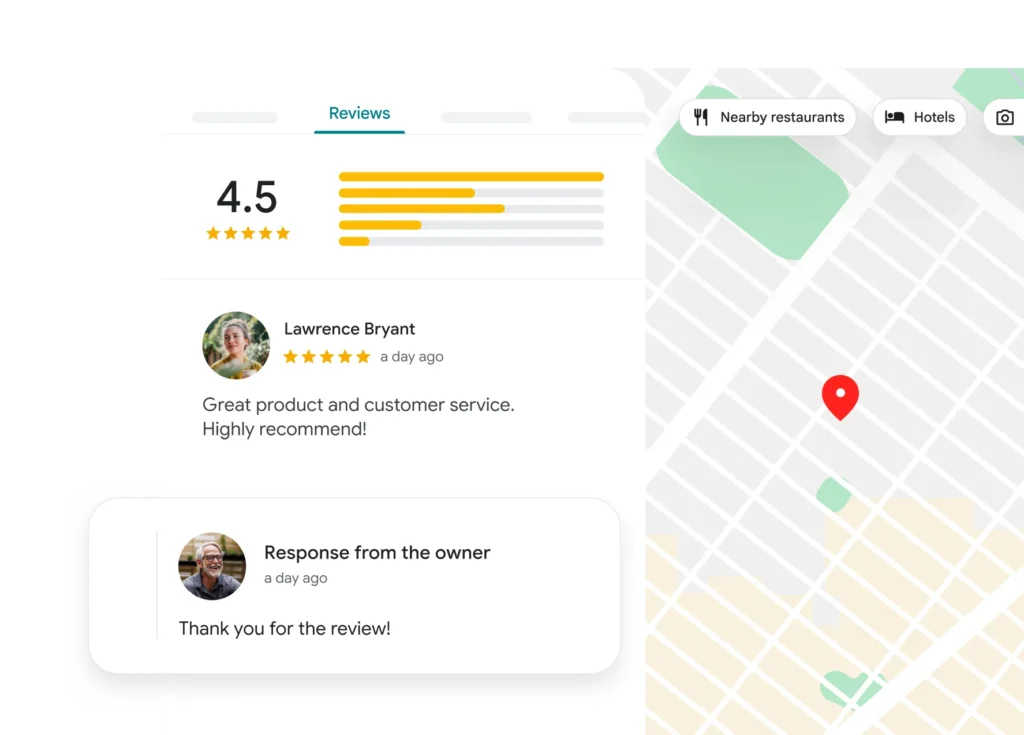 Google Maps reviews with business owner response, official Google screenshot